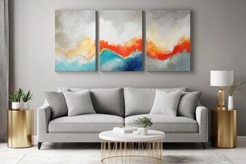 Abstract art triptych above gray sofa in living room.