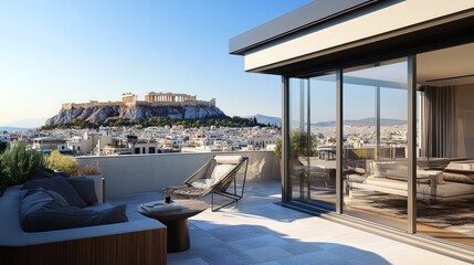 Fototapeta premium Modern terrace view with city buildings and historical architecture in background