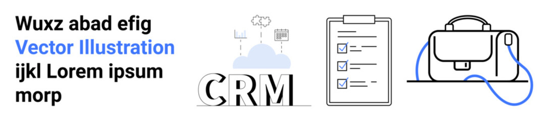 Obraz premium Text elements, CRM, checklist with three items, and briefcase. Ideal for business, project management, office tools, organization, professional services, CRM systems, productivity apps. Landing page