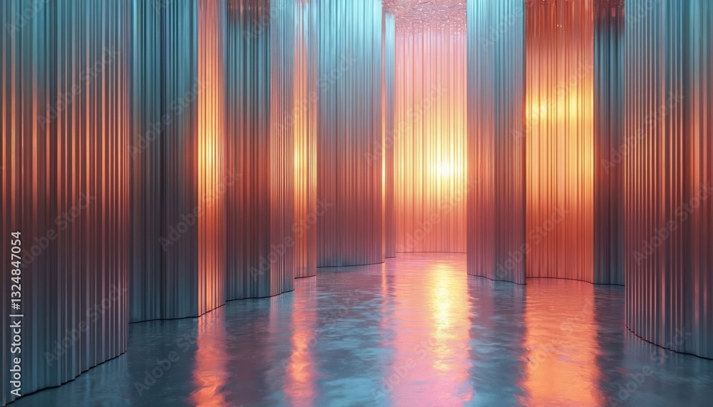 Aufkleber Abstract 3D render of polycarbonate silver holographic chrome foil texture. Iridescent pearlescent pastel rainbow prism effect. Trendy interior background. Abstract corridor with corrugated metal