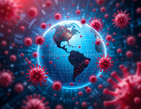 Digital Earth surrounded by red spiked virus particles symbolizing global infection, depicted with a grid overlay, on a gradient blue background with light streaks - Powered by Adobe