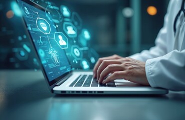 Healthcare pro types on laptop with medical icons interface. Doctor uses digital tech to access patient data, treatment planning software. Clinical analysis on screen, biotechnology research,