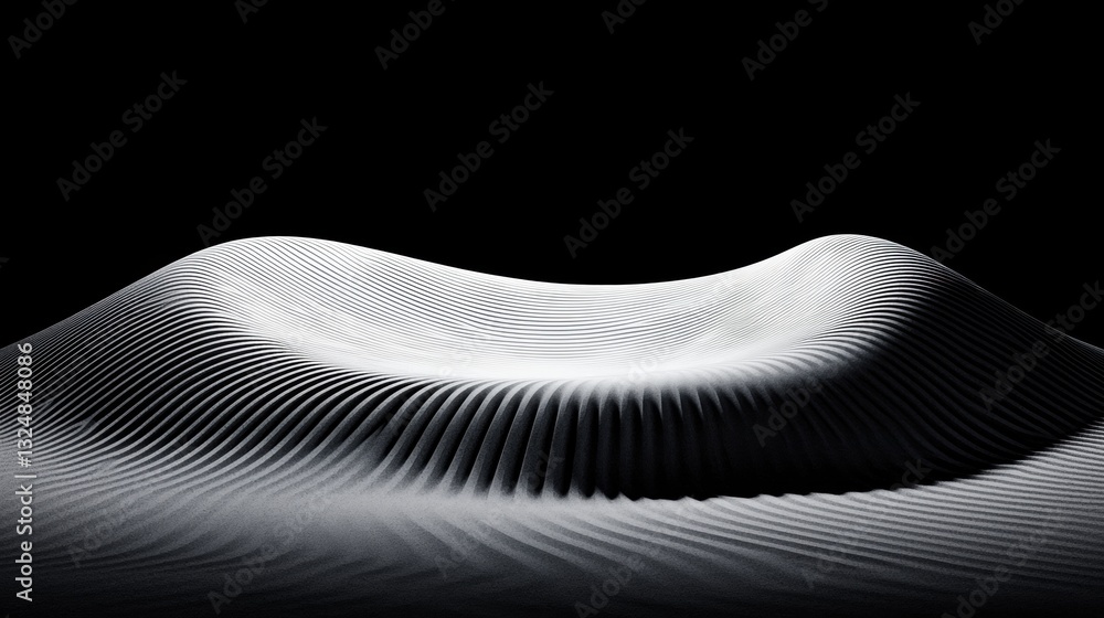 Poster a black and white abstract image of a wave-like shape.