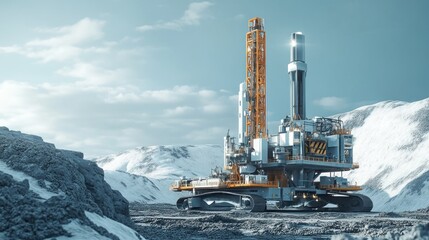 Futuristic autonomous drilling rig operating in a remote arctic landscape exploration
