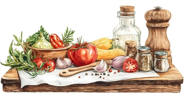 Cooking theme with ingredients on white