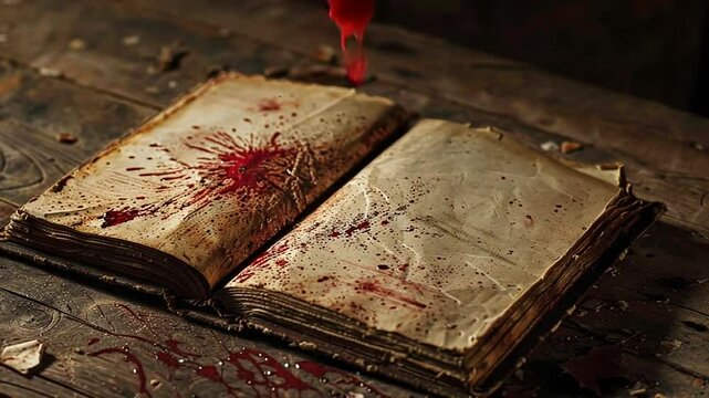 Blutbeflecktes altes Buch auf Holztisch