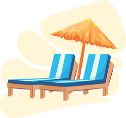 Straw umbrella and sun loungers. Summer tropical resort with private sun loungers on the seashore. Flat vector colorful illustration