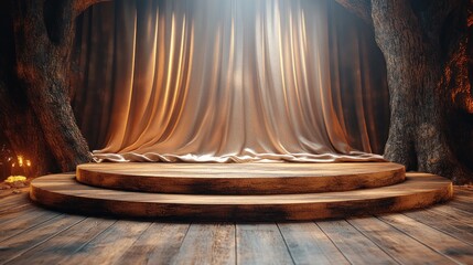 Wooden stage, forest, curtains, dramatic lighting