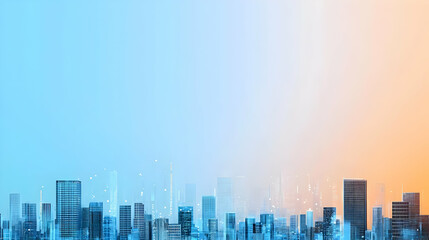 Panoramic View of Futuristic City Skyline with Network Connections in Blue and Orange Gradient