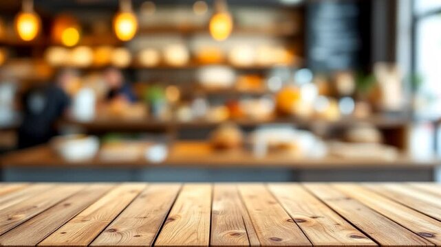 Wood table top with Restaurant cafe or coffee shop interior with people abstract defocused blur background. 4k Video. generated with AI