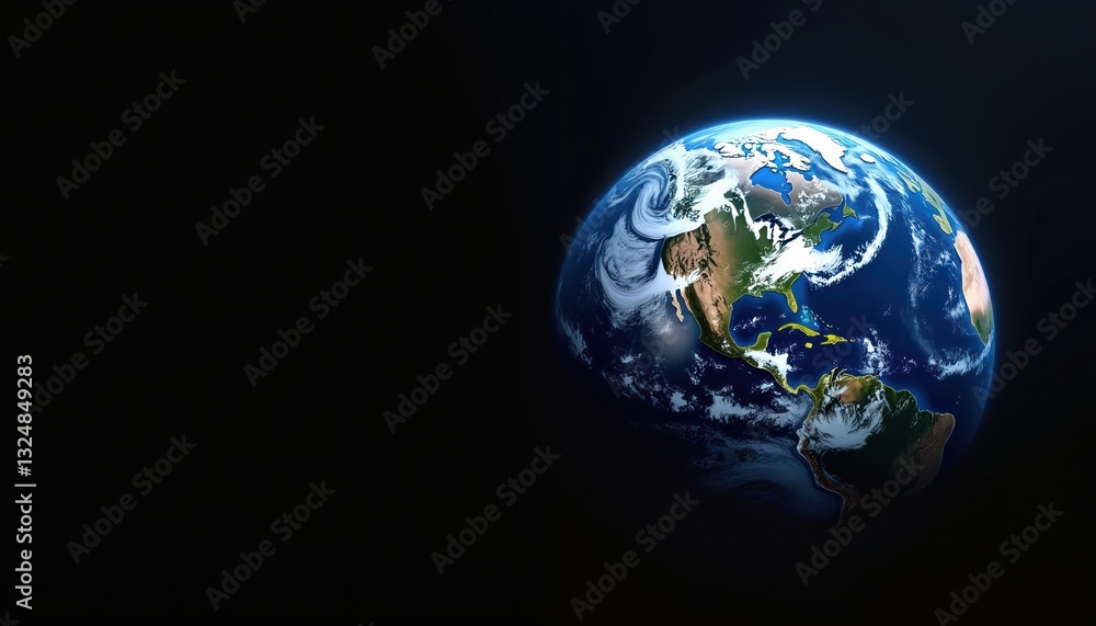 Aufkleber earth in blue tones on dark background. globe view of planet, oceans, continents, clouds in space. g