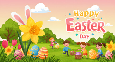Fototapeta premium Happy Easter Day Children Collecting Eggs in Spring Floral Field