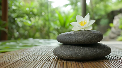 Obraz premium Zen garden featuring waterlilies and massage stones
