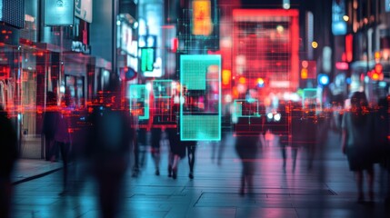 Futuristic urban surveillance concept with digital overlays and pedestrians