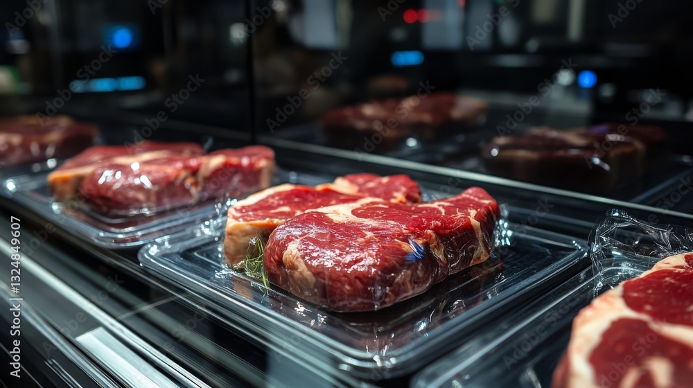 Poster freshly packaged meat cuts are showcased in a sleek food production line. the environment is clean a