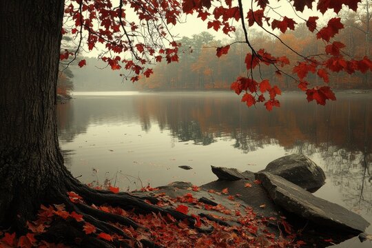 Autumnal lake scene with vibrant fall foliage, tranquil water, and a large tree