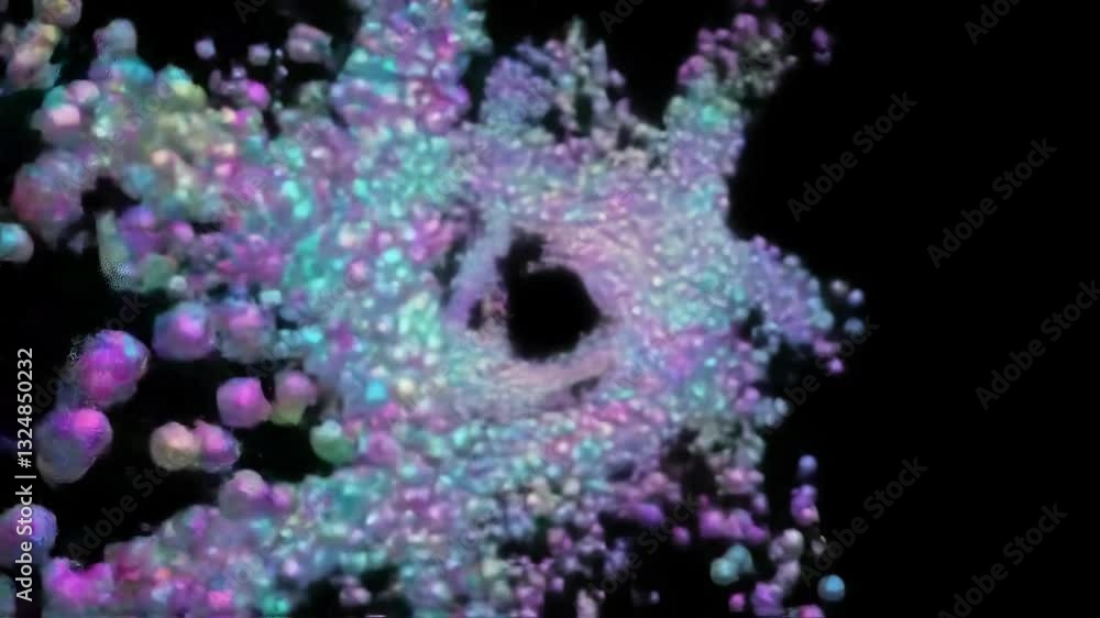 Poster abstract digital visualization of voice assistant technology with colorful particle swirl in purple 