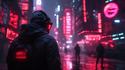 Fototapeta premium Cyberpunk streetwear futuristic neon lit cityscape dark aesthetic glowing LED accent high tech dystopian setting cybernetic elements urban nightlife atmosphere