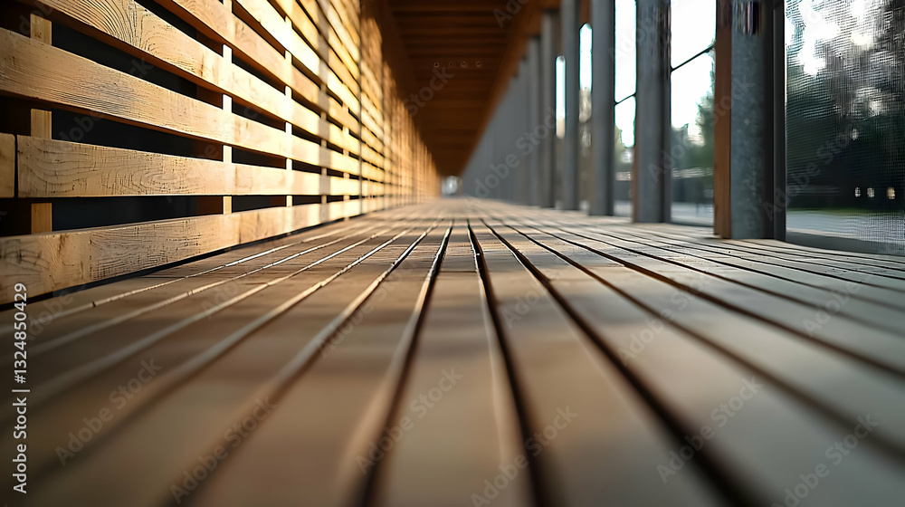 Poster wooden slatted wall and floor in perspective with sunlight and shadows creating a geometric pattern 