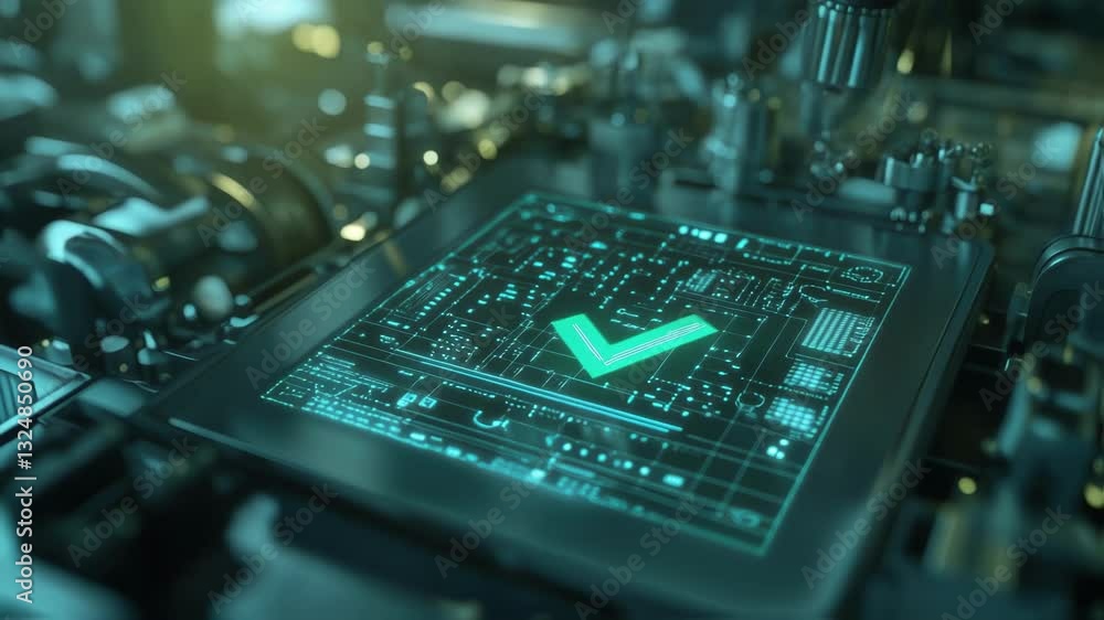 Poster futuristic interface displaying a bright green checkmark. symbolizing successful quality control wit