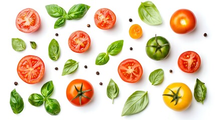 various colorful tomatoes and basil leaves