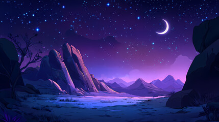 Fototapeta premium Mystical night sky with a crescent moon and twinkling stars , sichelmond, night, sky, crescent, moon, stars, mystical. Midnight Shine. Illustration