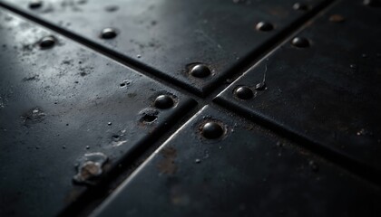 Close-up of black metallic surface with seams, rivets. Industrial background features abstract weathered panel pattern with robust strength, geometric design, grunge texture, dark reflections. Great