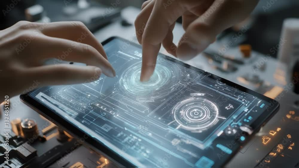 Aufkleber close up of engineers using a digital tablet, interacting with holographic futuristic technology, sh