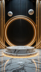 Elegant two-tiered marble pedestal with black and white veined patterns and gold accents, adorned with golden leaves and ring, perfect for luxurious interior design and item display.