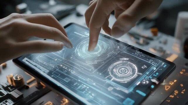 Close up of engineers using a digital tablet, interacting with holographic futuristic technology, showcasing innovation and engineering expertise in a high tech environment