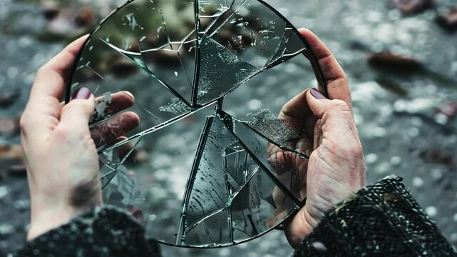 Zerbrochenes Spiegelglas mit blutigen H&auml;nden