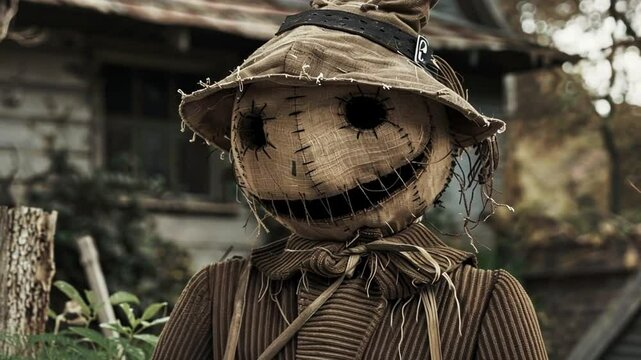 Alte Vogelscheuche mit schiefem L&auml;cheln vor Holzh&uuml;tte