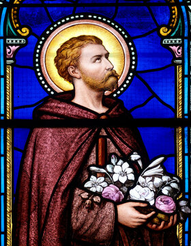 Stained glass (19th century) of Saint Fiacre. Catholic Saint.