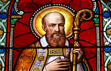 Stained glass (19th century) of St. Francis de Sales or Saint Fran&ccedil;ois de Sales. Doctor of the Catholic Church, founder of the Order of the Visitation.