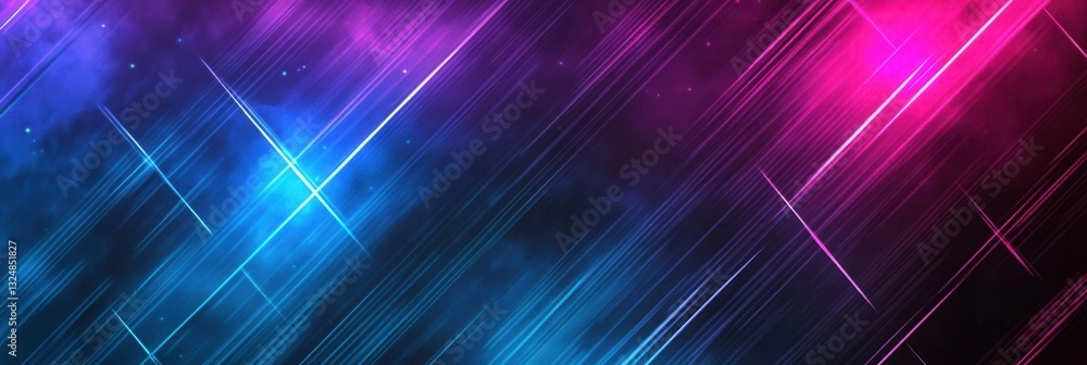 Poster Glowing neon pattern with blue and purple lines creating a grid in a modern abstract design featuring ample space for text placement