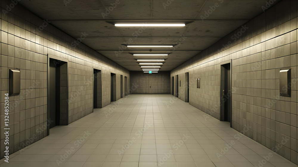 Poster grey concrete corridor with modern lighting and geometric pattern perspective view