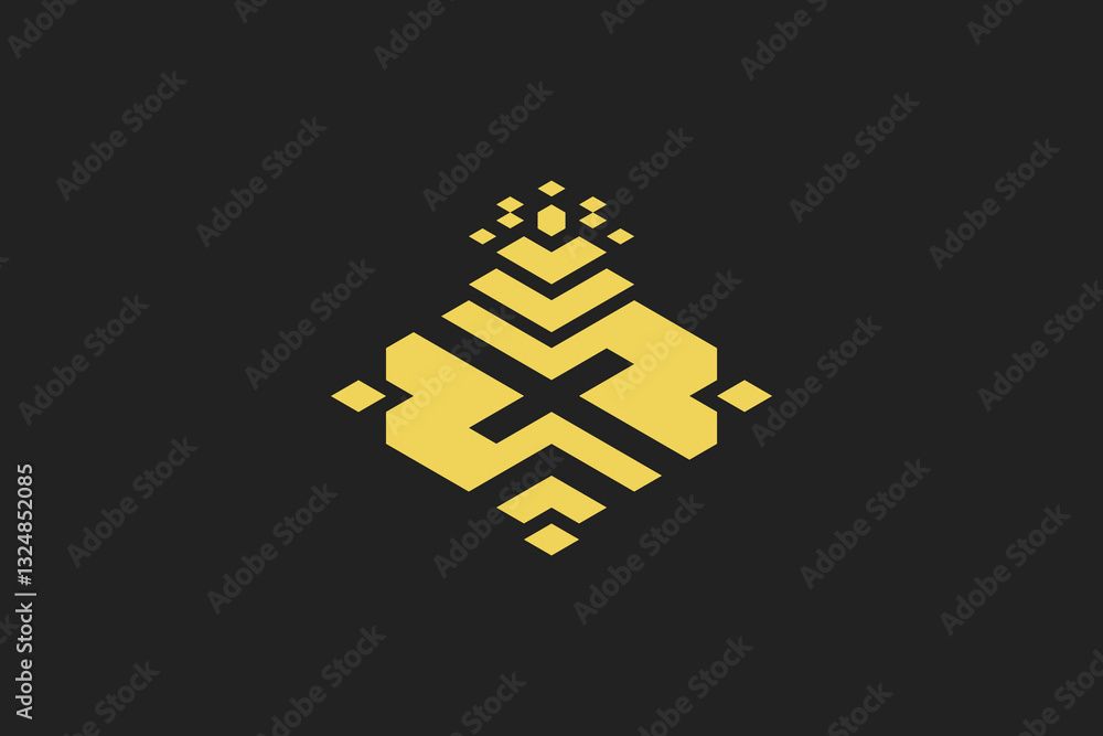 Poster logo design template of abstract letter x with geometric and pixelated elements in gold. modern and 