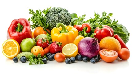 Ripe and tasty fruits and vegetables on a white