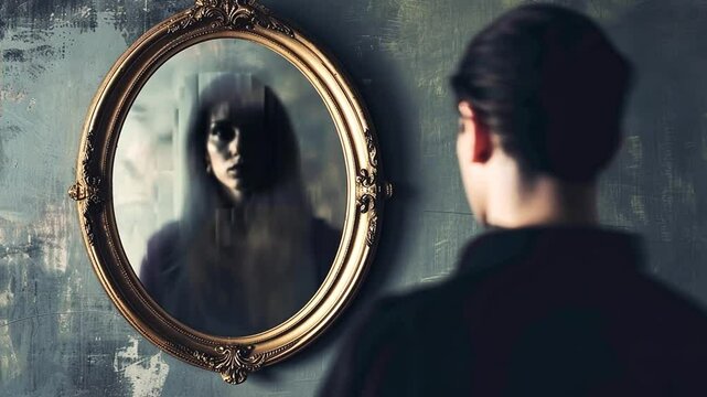 Spiegelbild zeigt dunkle verzerrte Gestalt im Hintergrund
