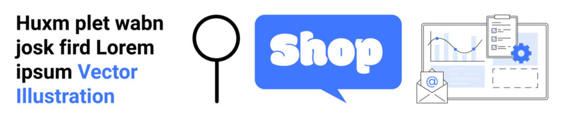 Magnifying glass and shop speech bubble next to analytics and email elements. Ideal for ecommerce, online shopping, SEO, business analytics, and digital marketing. Banner for landing page