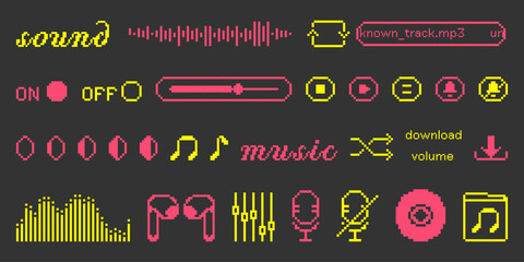 Naklejka premium Pixel Art Game Interface: Retro Music Icons and Sound Buttons. A vibrant mix of technology and nostalgia, featuring a playful UI with video and media elements.