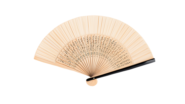 Elegant wooden fan with intricate cut-out design, blending traditional craftsmanship and classic style for a timeless accessory. Black background.