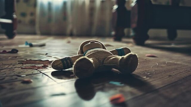 Blutige Holzfu&szlig;bodenszene mit heruntergefallener Puppe