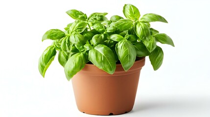 Green fresh basil in pot isolated on white