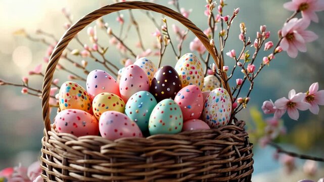 easter nest with colorful eggs and blooming branches, spring holiday decoration for orthodox and catholic celebration, festive background with pastel tones