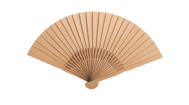 Open wooden fan. A light wooden fan, partly decorated, is opened against a black background for display. A small metal button connects the fan's base.