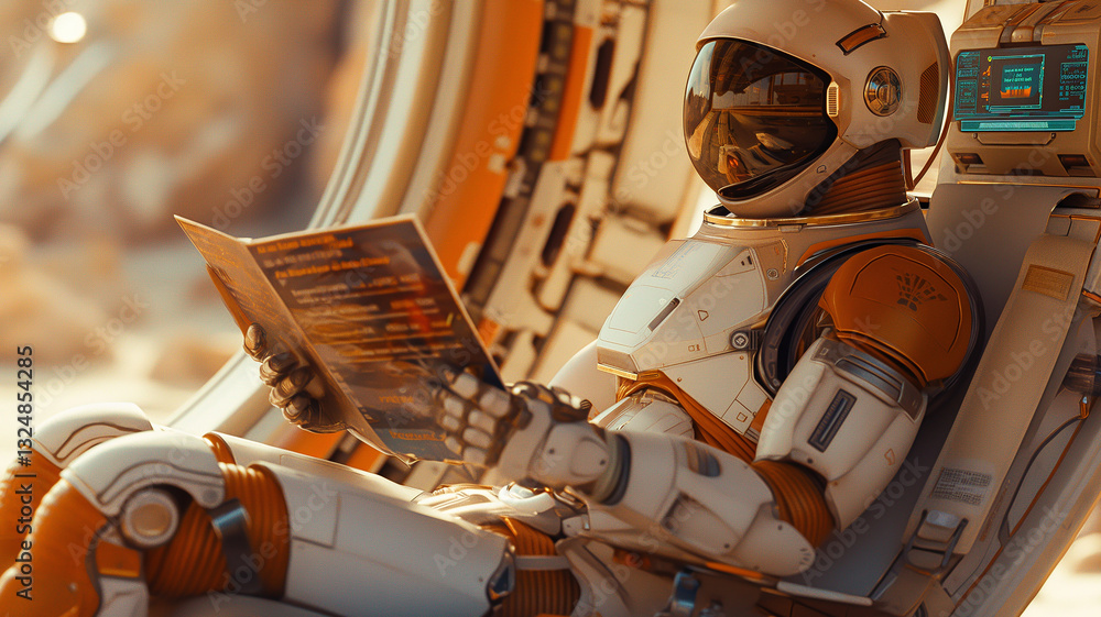 Poster This humanoid robot relaxes and reads a menu while aboard a futuristic space tourism vehicle.