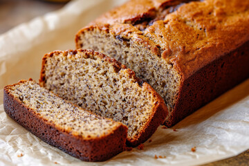 Freshly baked delicious sliced banana bread with brown crispy crust close up on baking paper. Pastry concept background.