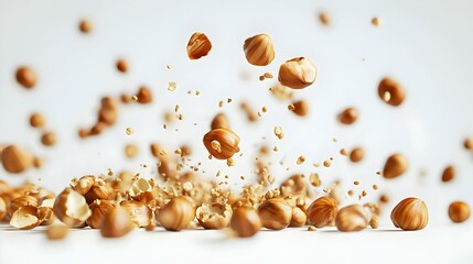 Obraz premium Falling hazelnuts on white background