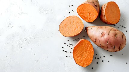 Flat lay with sweet potato on white background